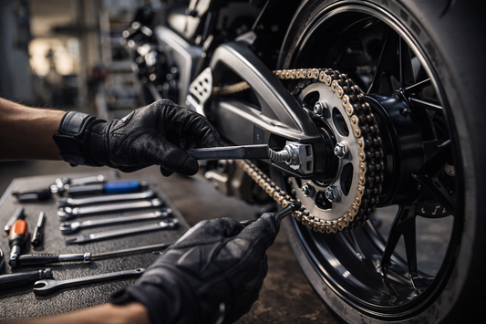 Close up of a mechanic adjusting the chain of a modern sport motorcycle in a clean garage environment