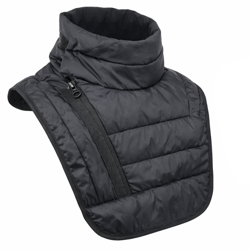 Two black puffer neck warmers on a white background