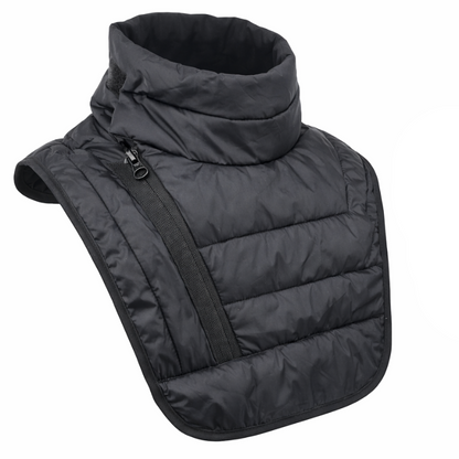 Two black puffer neck warmers on a white background