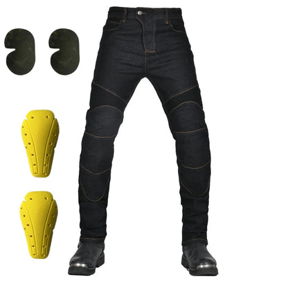Black motorcycle pants with knee pads and yellow shin guards on a white background