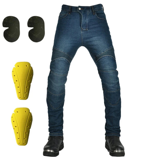 Blue jeans with protective knee pads and yellow shin guards on a white background