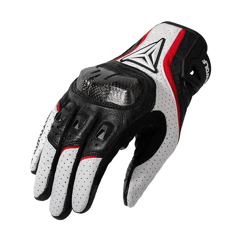 Black, white, and red motorcycle glove  on a white background