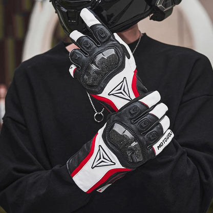 Person wearing black, white, and red motorcycle gloves with a visible brand logo.