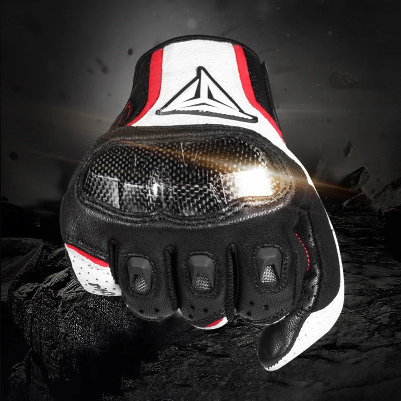 Motorcycle glove with high impact resistance text and Italian flag on a dark background