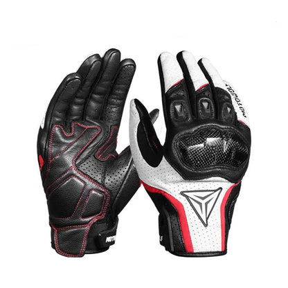 Two leather breathable gloves, one black and red, one white and black,.