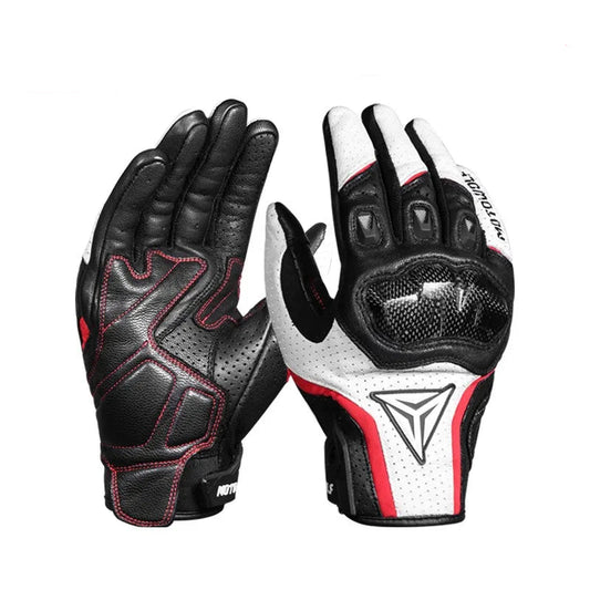Two leather breathable gloves, one black and red, one white and black,.