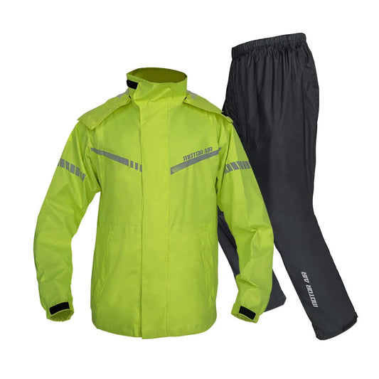 Green raincoat and black pants with reflective stripes on a white background